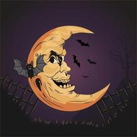 Spooky Crescent Moon with Bat. Halloween. vector