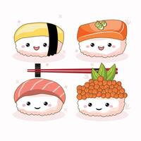 A cute collection of kawaii-style sushi with smiling faces vector
