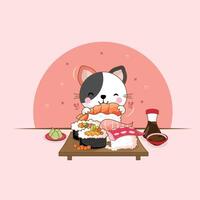 Cute cat eating sushi character vector