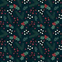 Seamless pattern with hand drawn floral branches and berries, christmas florals. Repeating dark background for wrapping paper, fabric, stationary products decoration. vector
