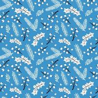 Seamless pattern with hand drawn floral branches and berries, christmas florals. Repeating blue background for wrapping paper, fabric, stationary products decoration. vector