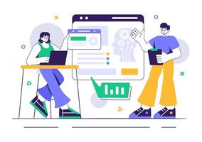 Data Science Illustration featuring AI Engineers and Machine Learning Algorithms in Action vector