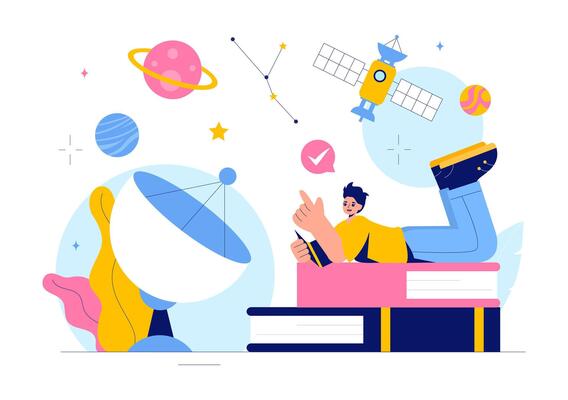 Space Exploration Illustration Featuring a Starry Sky with Galaxies and Planets in Outer Space