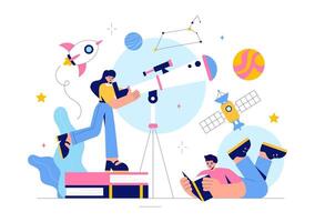 Outer Space Exploration Illustration Featuring a Telescope and Starry Sky with Planets vector