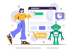 Artificial Intelligence Illustration featuring Data Scientists and Engineers Working on Machine Learning Projects vector