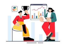 Office Management Team Illustration with Project Planning and Goal Achievement in a Flat Style Design vector