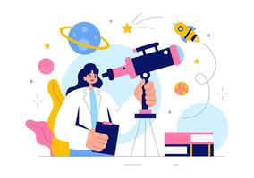 Galaxy Watching Illustration of Astronomy Enthusiasts Observing Outer Space in a Flat Background vector