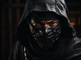 Mysterious warrior in dark attire preparing for battle in an ancient setting under soft lighting photo