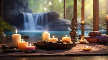 Relaxing spa setting with candles and stones by a tranquil waterfall photo