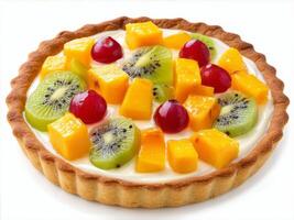 Delicious fruit tart featuring various colorful fruits with a creamy filling in a golden crust photo