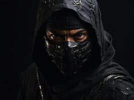 Mysterious figure dressed in dark attire with a detailed mask against a black background photo