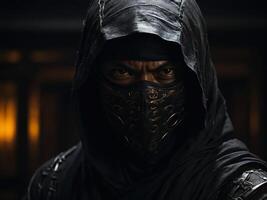 Mysterious figure in black attire prepares for action in dimly lit setting photo