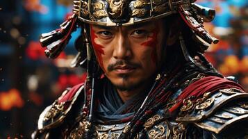 Warrior in ornate armor demonstrates intense focus during a historical reenactment photo