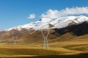 pylons of high-voltage power lines in the mountains photo