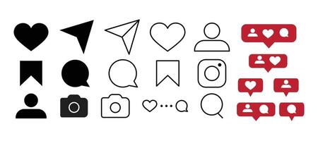 Set of like comment, follower, camera, user, share, save, like media buttons social media icons for graphic design. vector