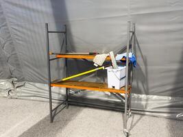 Cleaning supplies cart wait for service. Bucket and set of cleaning equipment in department store or commercial building photo