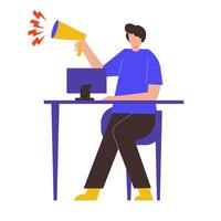 Illustration of a man sitting and carrying a loudspeaker to provide information. vector