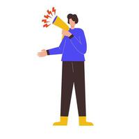 Illustration of a man standing and carrying a loudspeaker to provide information. vector
