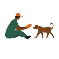 illustration of a man sitting playing with a dog vector