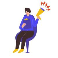 Illustration of a man sitting and carrying a loudspeaker to provide information. vector