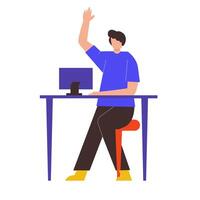 Illustration of a man sitting working in front of a laptop while waving his hand vector