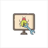 A computer screen with a wrench and a bug on it vector