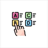 A hand pressing a button with the letters a, c, d, e, f, g vector
