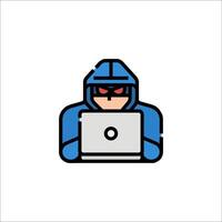 A man in a hoodie and mask is using a laptop vector