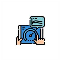 A hand holding a tablet with a clock icon vector