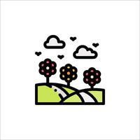 A line icon of a field with trees and clouds vector
