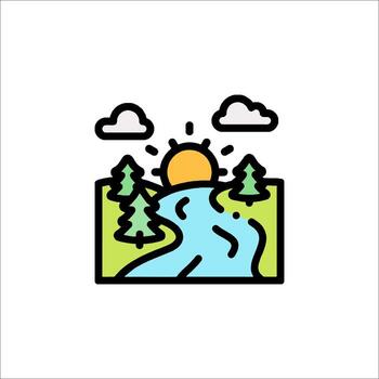 A river and trees in the forest with the sun in the background vector