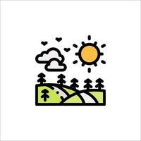 A line icon of a road and trees with sun and clouds vector