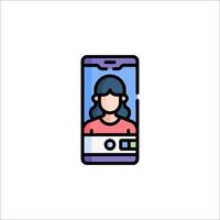 A woman is on a phone screen with a camera icon vector