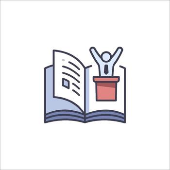 A person standing on top of a book with a book in front of them vector