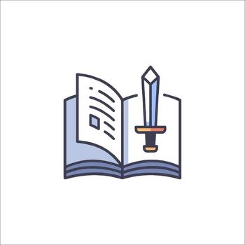 An open book with a sword and a book on top vector
