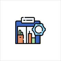 A blue and white icon of a building with a clock vector