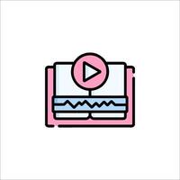 A pink and white icon of a book with a play button vector