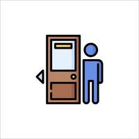 A man is standing in front of a door with a sign on it vector