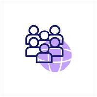 A group of people are gathered around a globe icon vector
