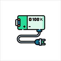 A battery charger with a green cord and a green light vector