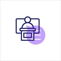 A purple line icon of a man in front of a computer vector
