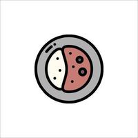 A plate with a slice of pizza and a slice of meat vector