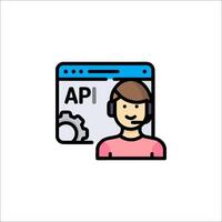 A man with headphones on is standing in front of an api icon vector