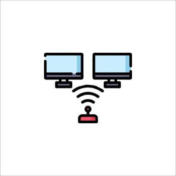 A computer with two monitors and a person standing in front of it vector