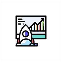 A rocket is flying over a computer screen with a graph on it vector