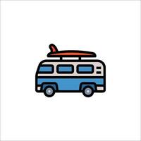 A van with a surfboard on top of it vector