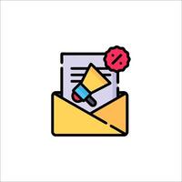 Email envelope icon with a magnifying glass and a red stamp vector