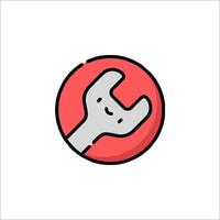 A red and white icon of a wrench with a smiley face vector