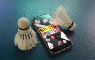 Sports betting on badminton. badminton racket. Mobile app for bets. photo