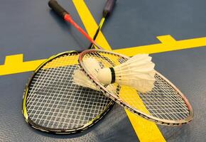 Competitive sports and high performance in tournament match conceptual idea with badminton rackets and shuttlecock with copy space photo